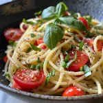 Pasta cremosa con tomates y ajo, en un plato blanco.