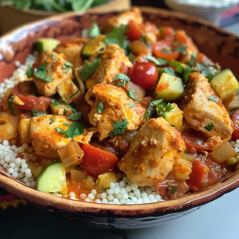 Nahaufnahme eines mediterranen Couscous-Bowls mit Hühnchen und frischem Gemüse.