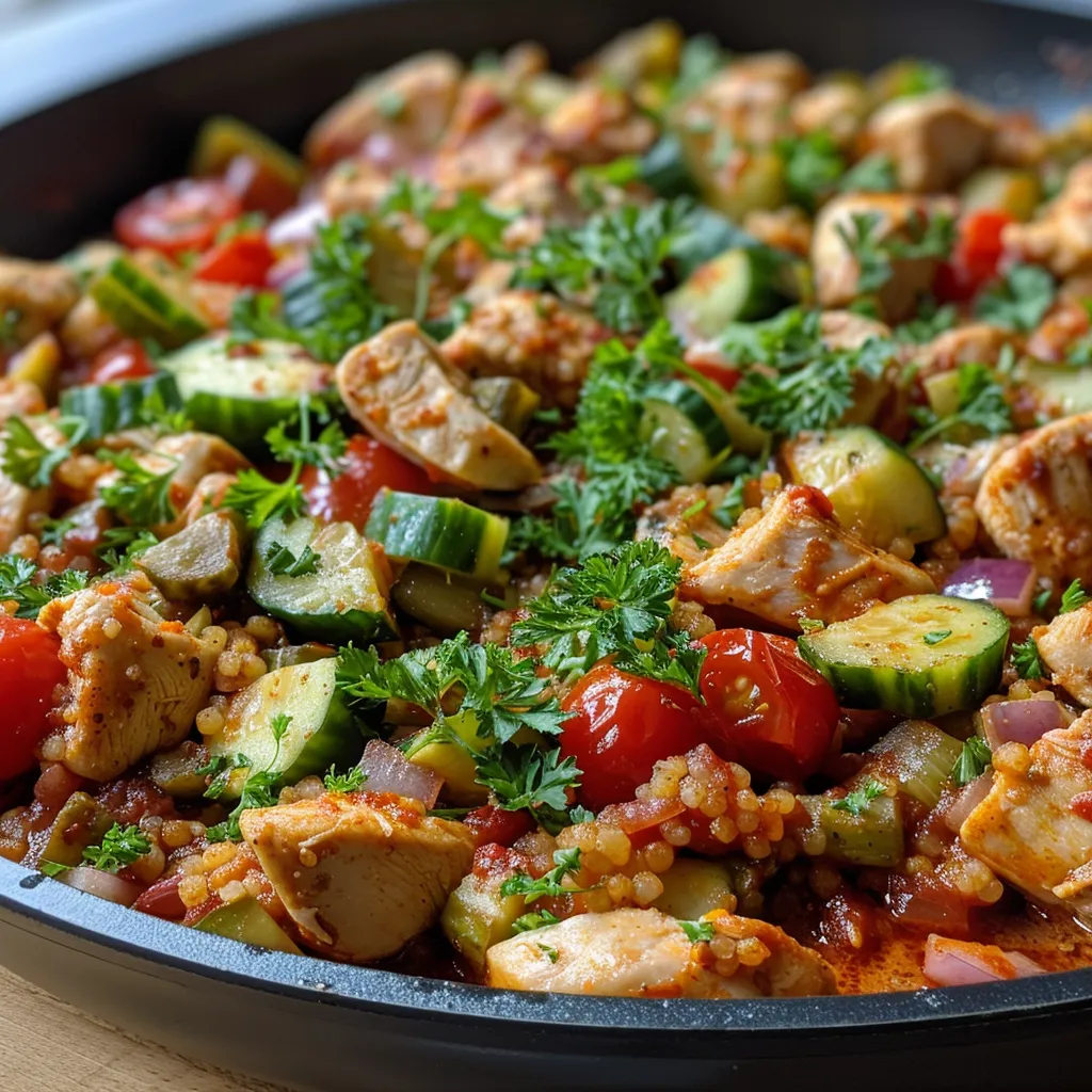 Seitenansicht eines bunten Couscous-Gerichts mit Hühnchen, Gurken und Kirschtomaten.