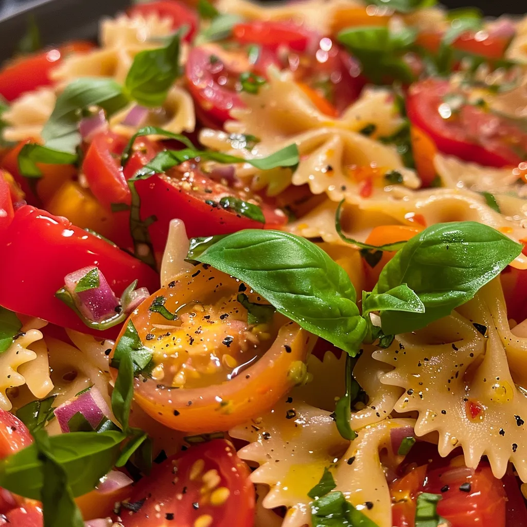 Seitenansicht eines bunten Pasta-Salats mit Farfalle, Kirschtomaten und Mozzarella.