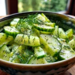 Nahaufnahme eines kalorienarmen Gurkensalats in einer Schüssel.