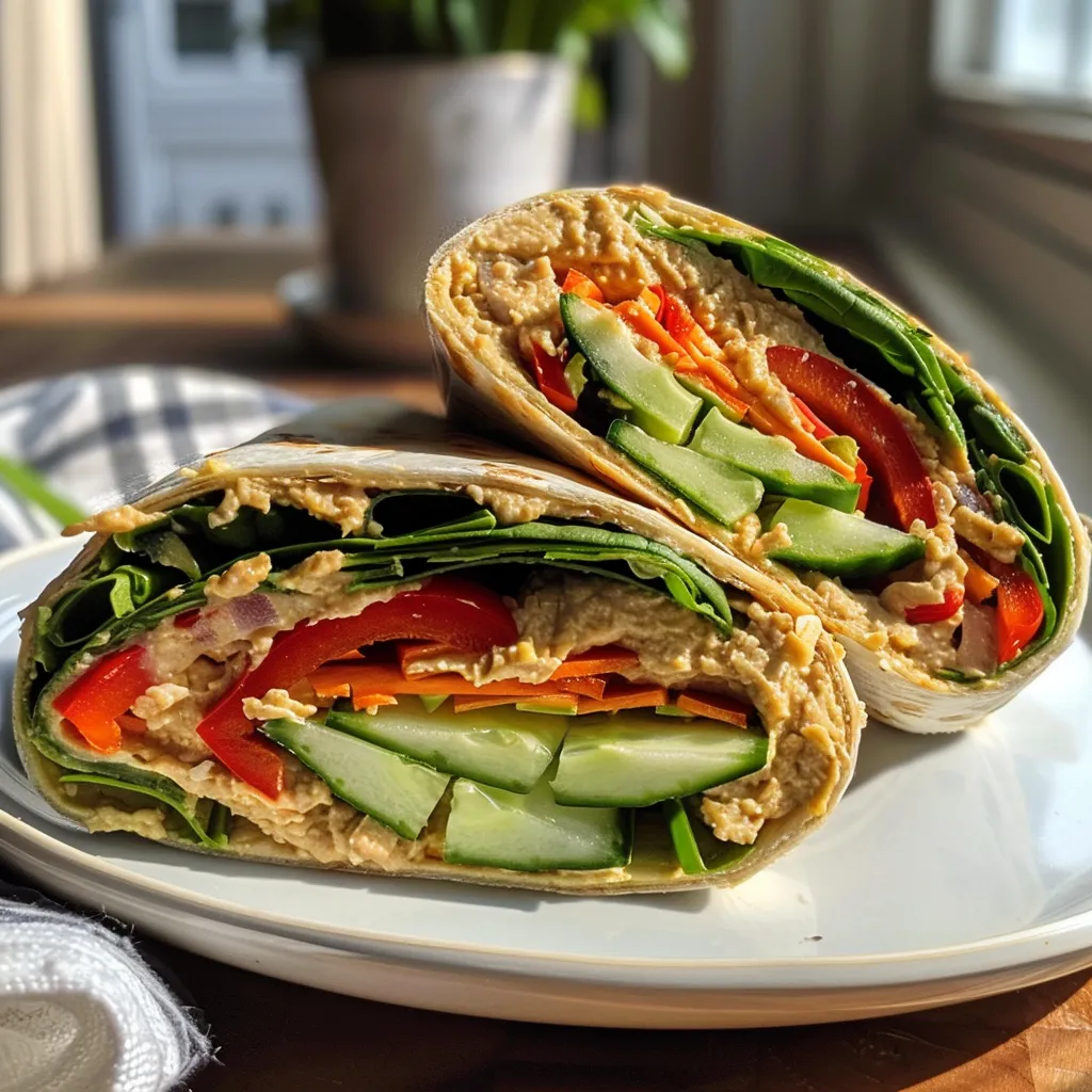 Seitenansicht eines saftigen Hummus-Wraps auf einem Teller, umgeben von frischen Zutaten.