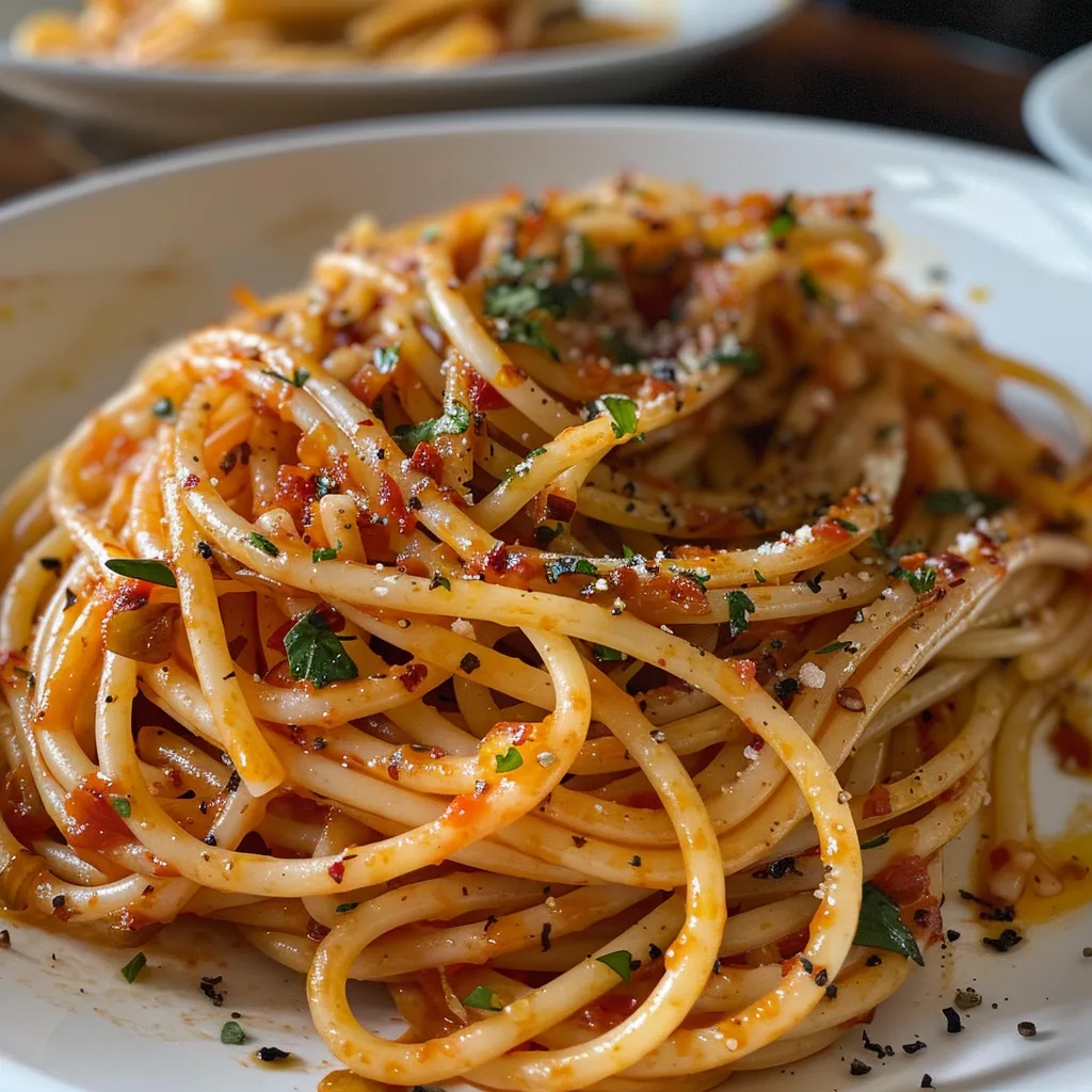 Seitenansicht von saftigen Garnelen-Spaghetti, garniert mit Petersilie und Chili.