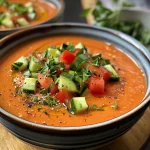 Nahe Ansicht einer Schüssel Gazpacho, frisch zubereitet mit Gemüse.