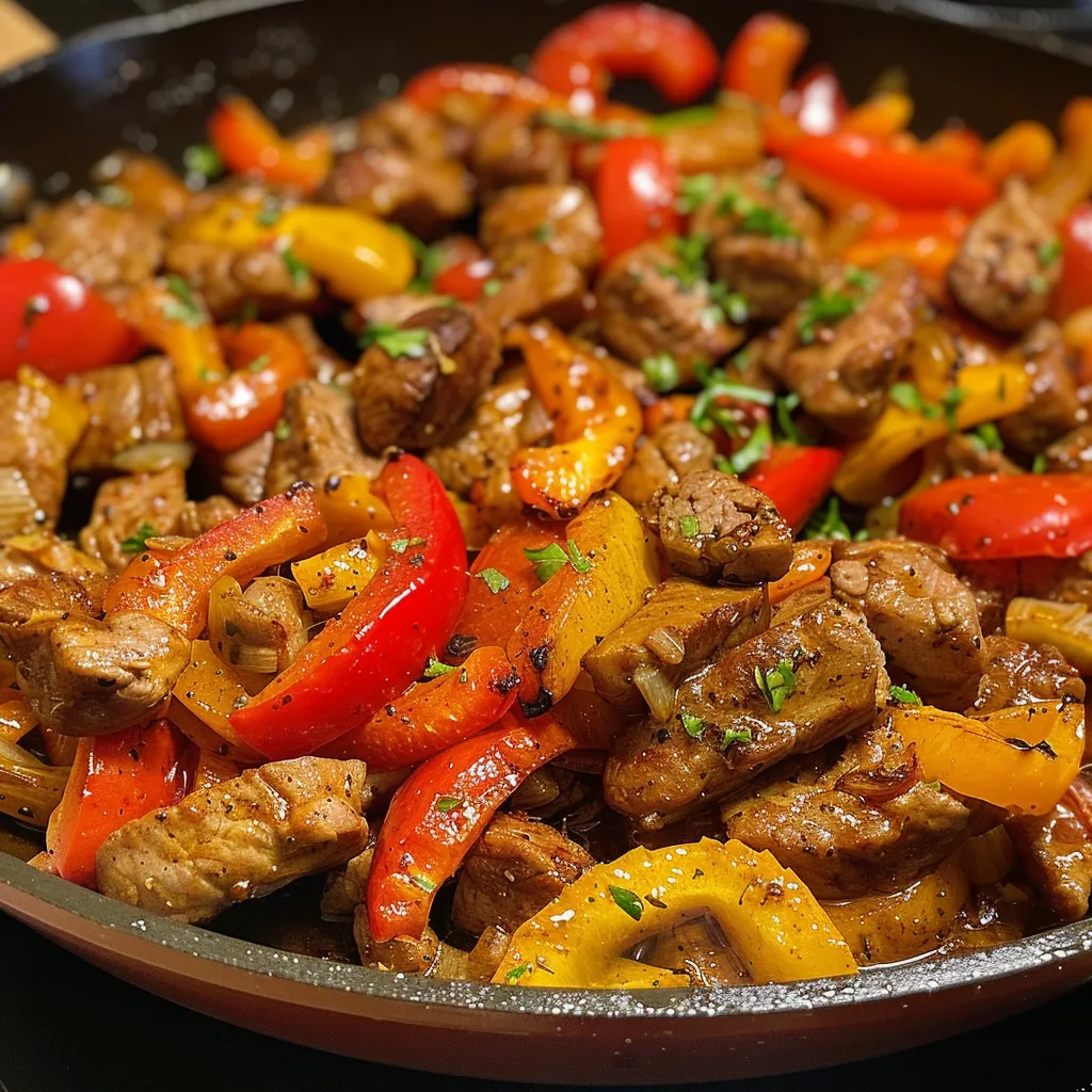 Große, bunte Paprikaschoten gefüllt mit Hackfleisch und Kräutern, von der Seite fotografiert.