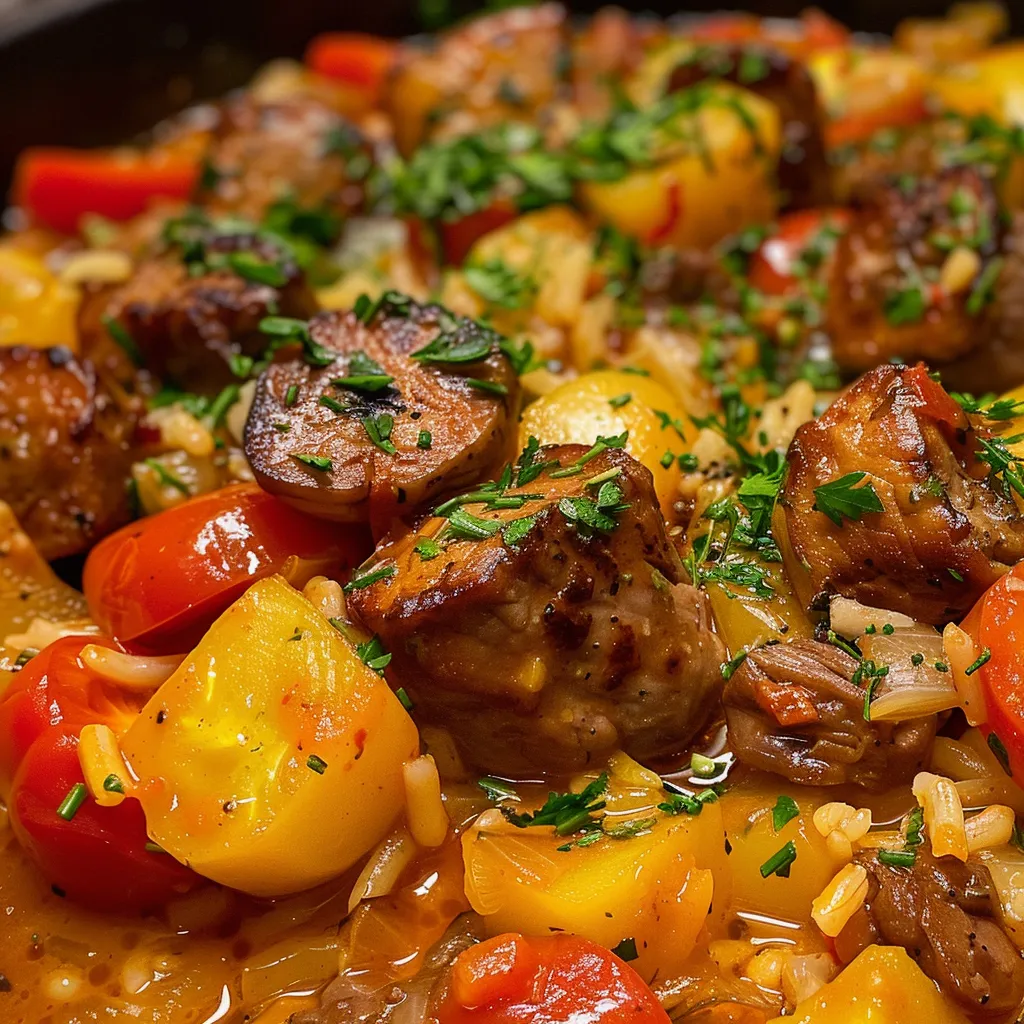 Side view of a colorful Gemüse-Reis mit Ei dish with fresh herbs on top.