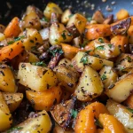 Primer plano de verduras asadas con ajo y hierbas, mostrando papas, zanahorias y judías verdes.