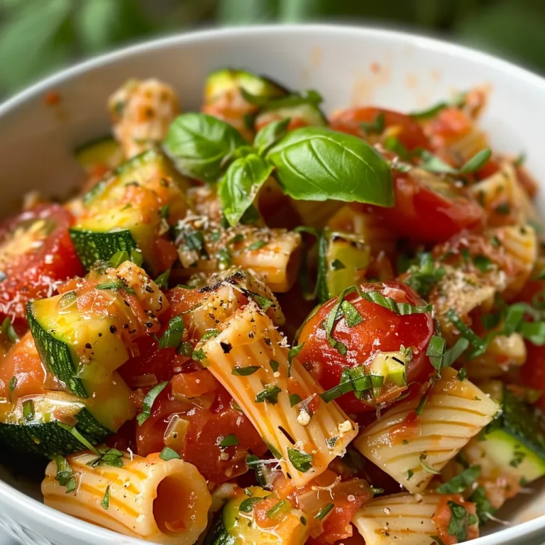 Tazón de pasta con tomates y calabacines frescos, visto de lado.