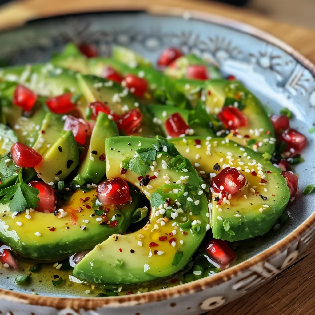 Primer plano de una ensalada fresca de aguacate y pepino.