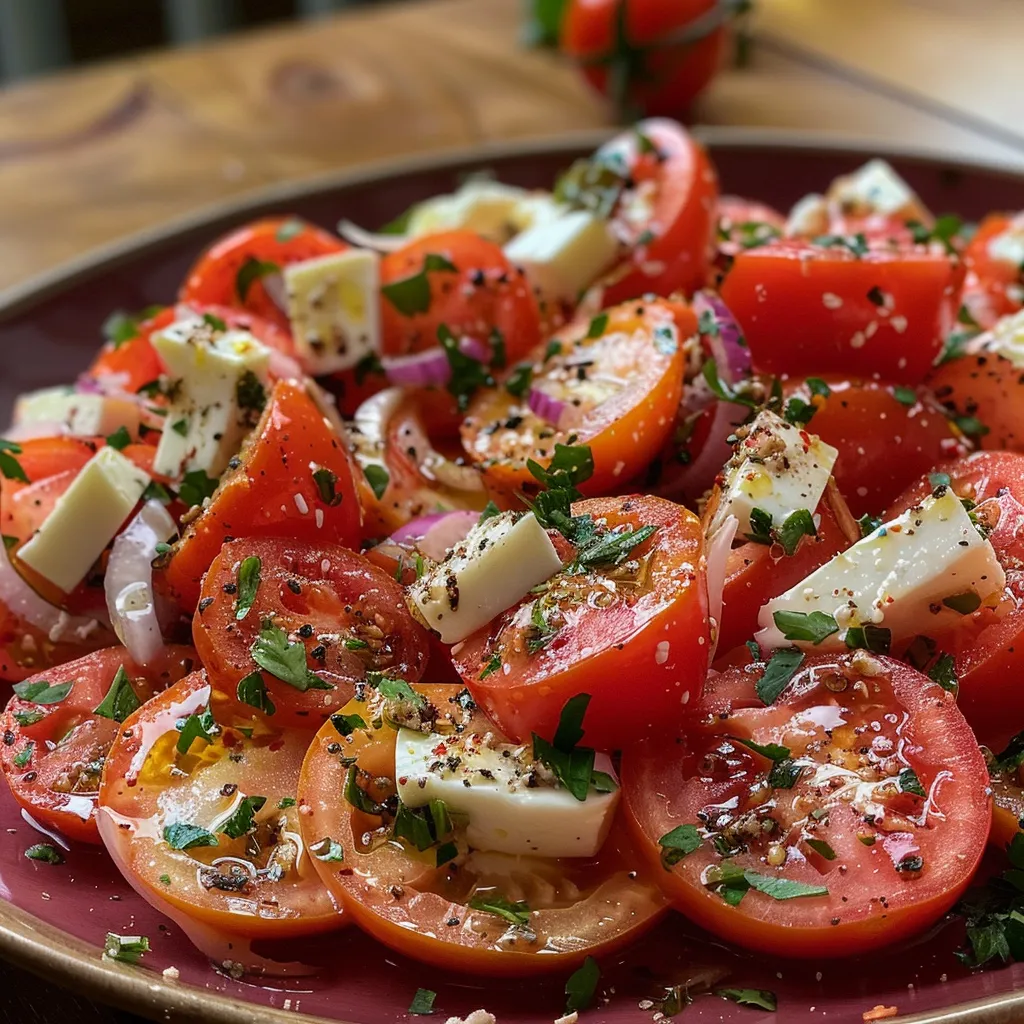 Primer plano de una ensalada colorida con pepinos y tomates.