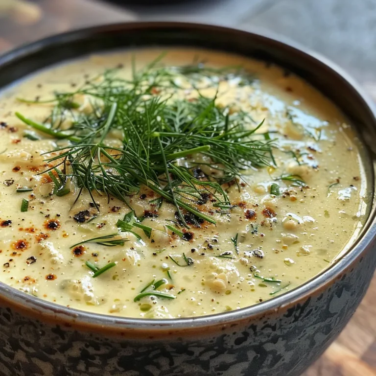 Nahaufnahme von Gurkensuppe in einer Schüssel, garniert mit frischen Kräutern.