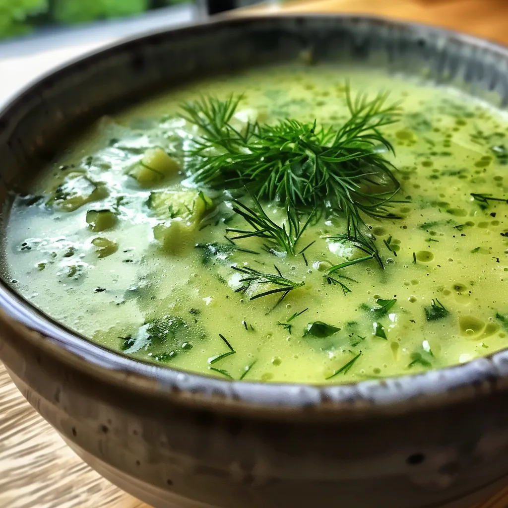 Seitenansicht einer appetitlichen Gurkensuppe, serviert in einem weißen Teller.