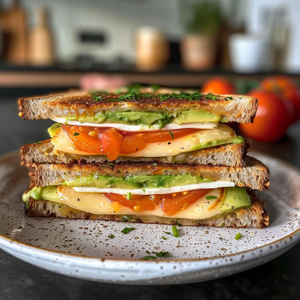 Seitenansicht eines köstlichen Sandwiches aus Vollkornbrot, gefüllt mit Avocado und Hähnchen.
