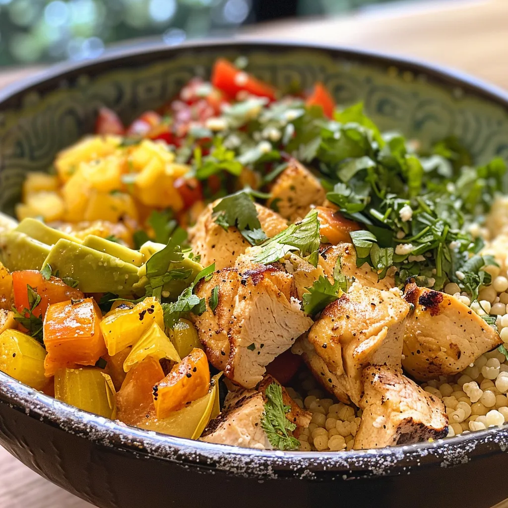 Seitenansicht einer bunten Hähnchen-Couscous-Bowl mit Kräutern und Tzatziki.