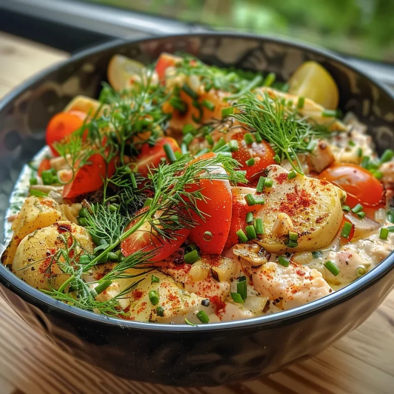 Tazón de pollo mediterráneo lleno de ingredientes frescos.