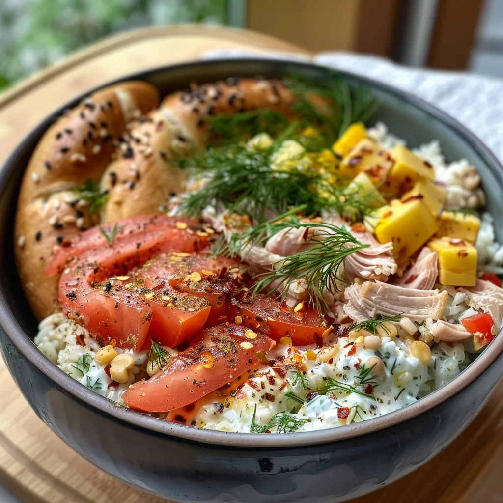 Vista lateral de una deliciosa Hähnchen-Bowl con pollo y verduras.