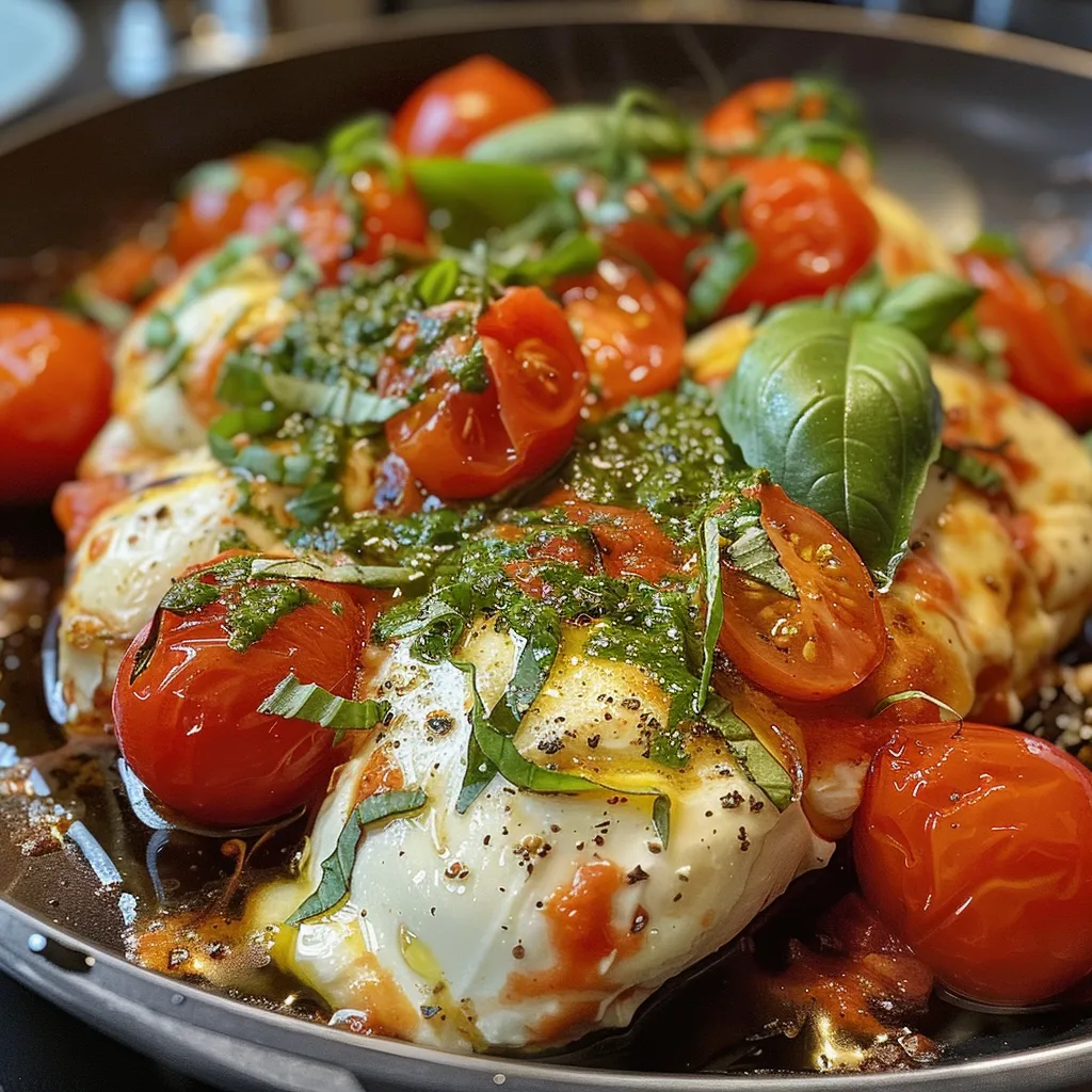Primer plano de Hähnchen Tomate Mozzarella, mostrando trozos de pollo, tomate y mozzarella.