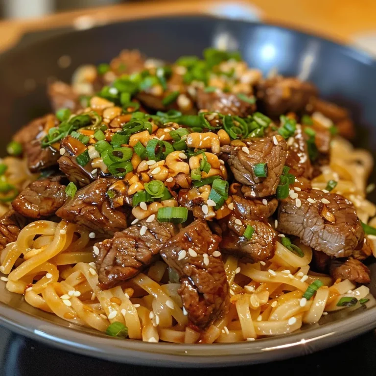 Nahaufnahme eines Tellers mit Hoisin-Rindfleisch-Nudeln und buntem Gemüse.