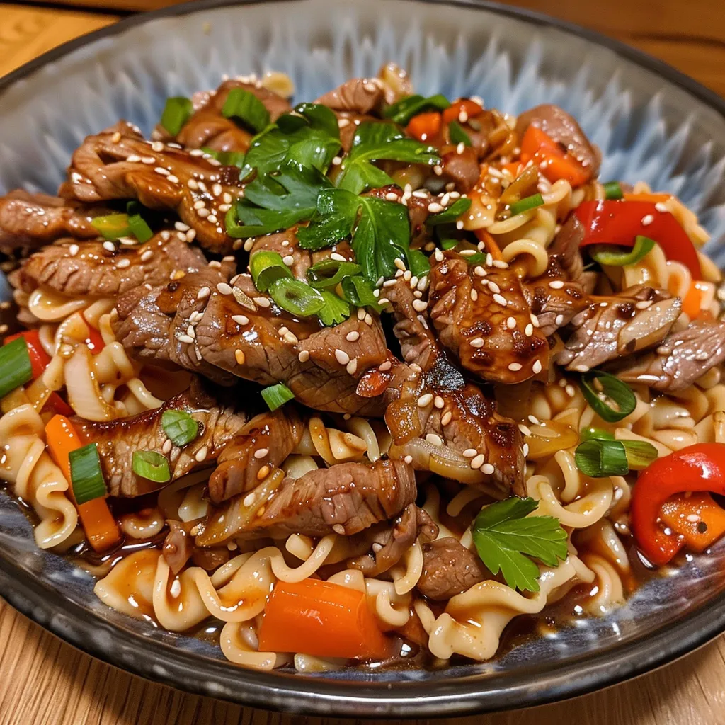Juicy Hoisin-Rindfleisch-Nudeln mit frischem Brokkoli und Karotten.