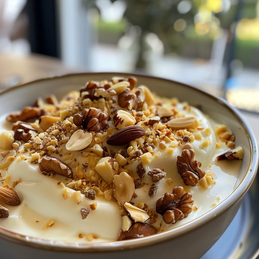 Seiteansicht von cremigem Joghurt garniert mit Nüssen und Honig.