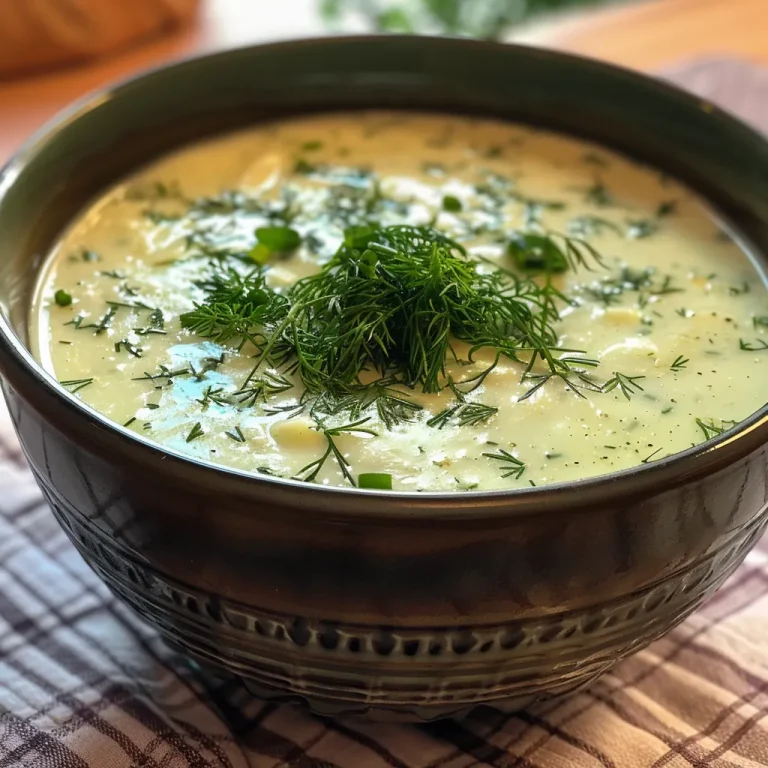 Nahaufnahme von Kalte Gurkensuppe in einer Schüssel mit frischen Kräutern.