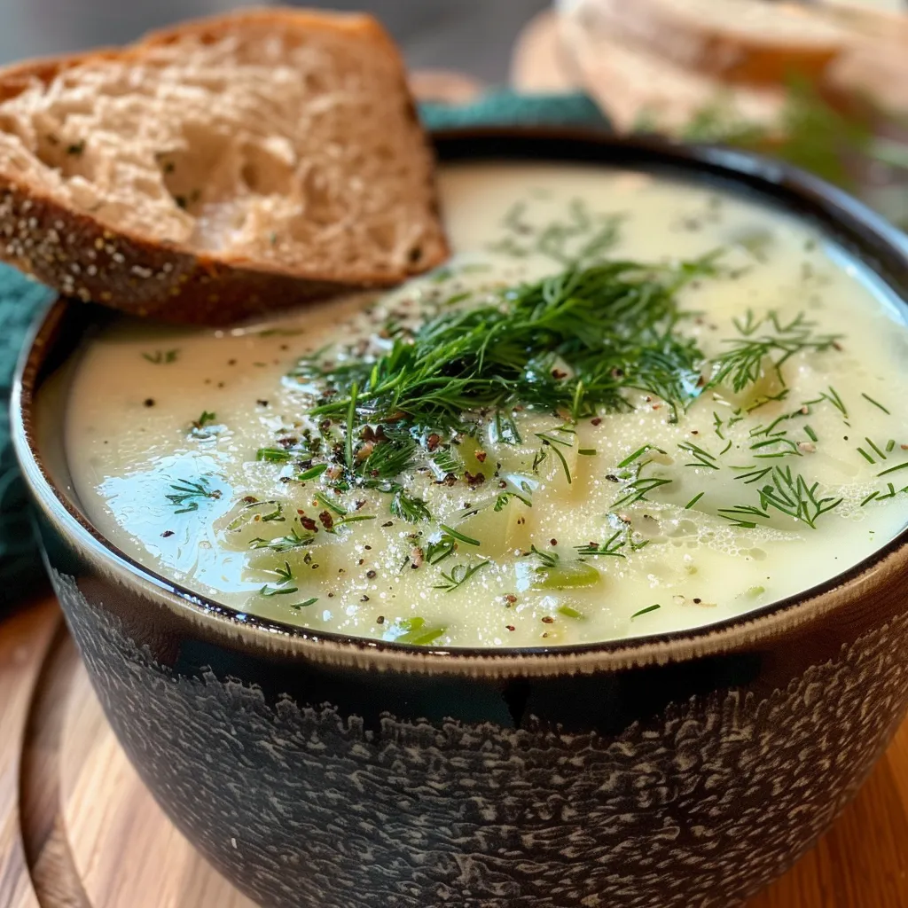 Frische Kalte Gurkensuppe serviert mit Dill und Minze.
