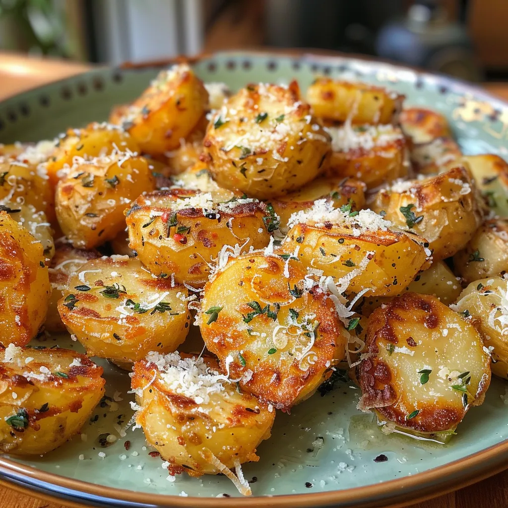 Primer plano de Knoblauch Parmesan Knusperkartoffeln doradas y crujientes.