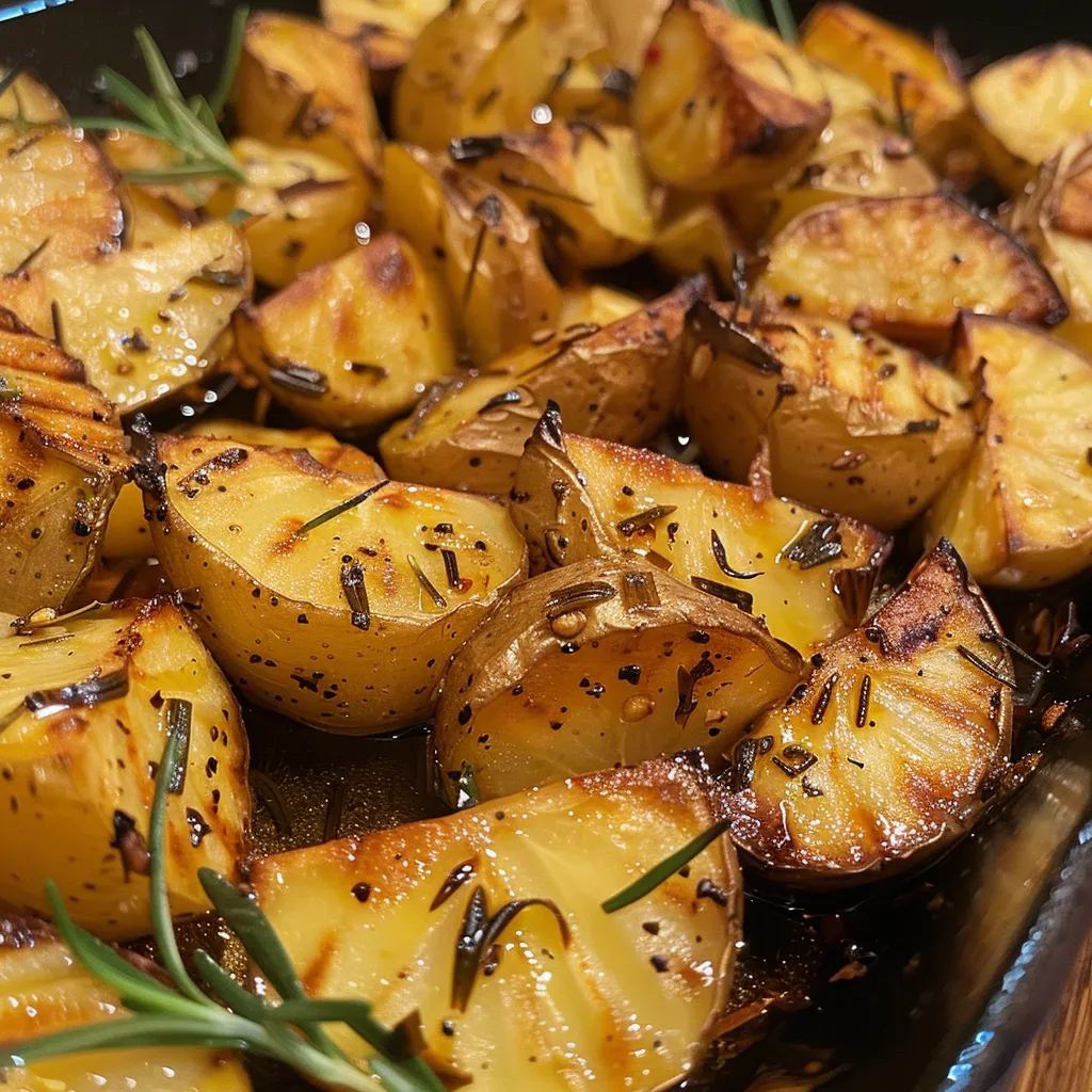 Detailaufnahme von Ofenkartoffeln mit Rosmarin und Knoblauch.