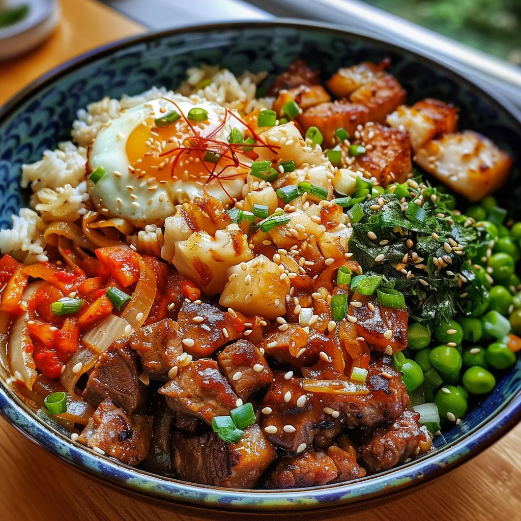Bowl de carne de res coreana con brócoli, zanahorias y pimientos.