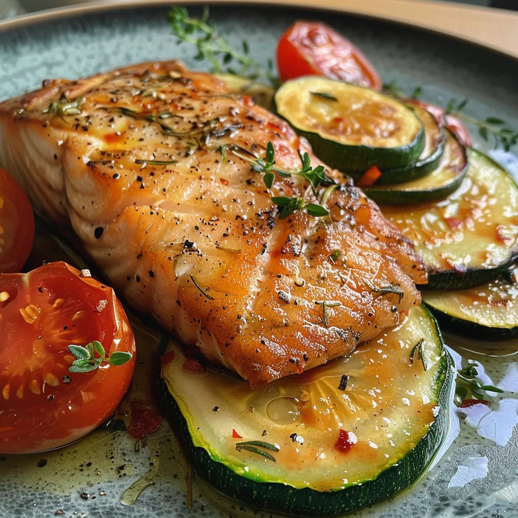 Ofengebackener Lachs mit Zucchini, Paprika und Kirschtomaten in Nahaufnahme.