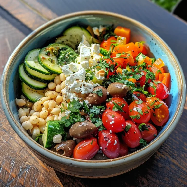 Primer plano de un cuenco de arroz mediterráneo con ingredientes vibrantes.