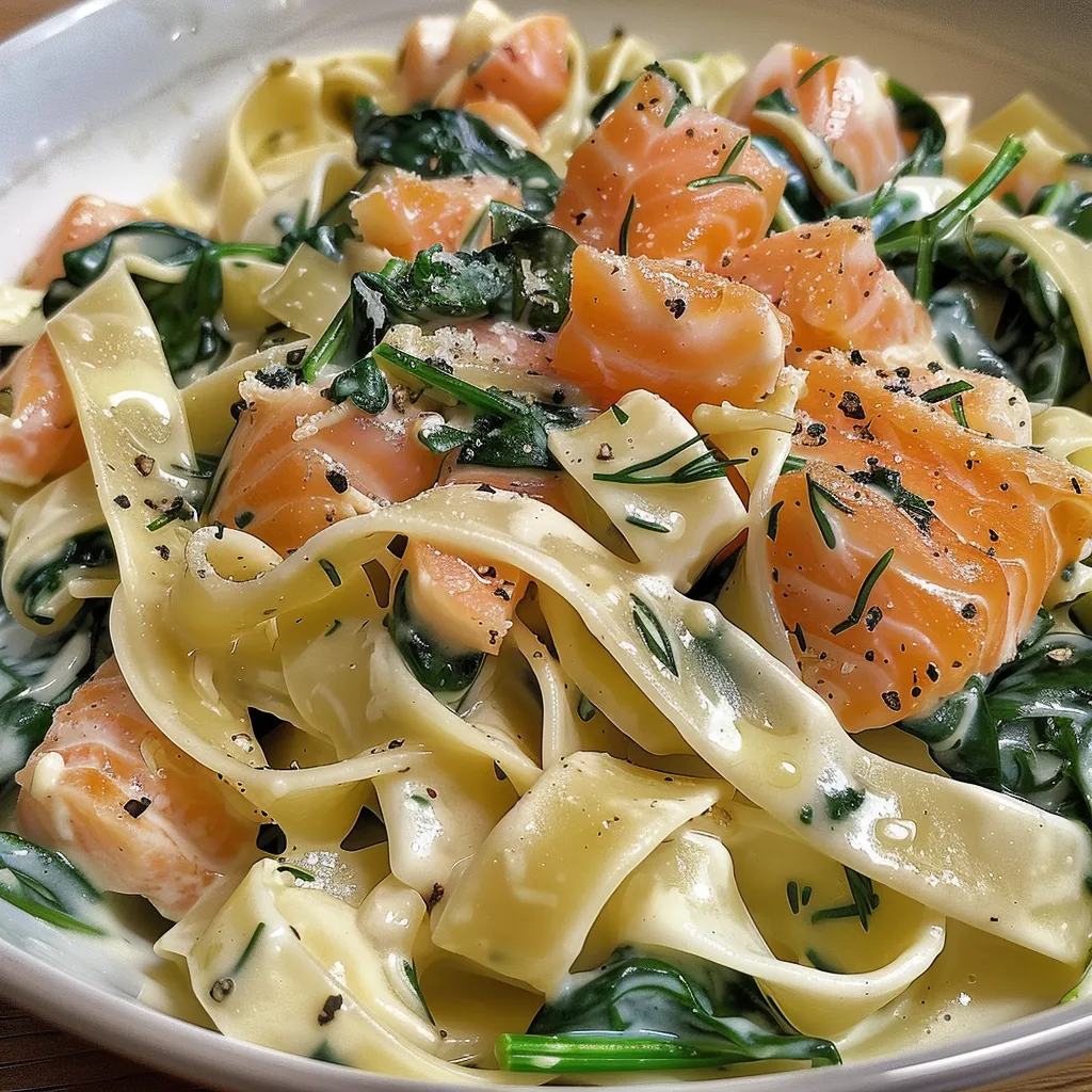 Seitenansicht eines Tellers mit frischen Nudeln, Lachs und Spinat, garniert mit Kräutern.