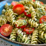 Nahaufnahme eines Nudelsalats mit Pesto, Kirschtomaten und Mozzarella.