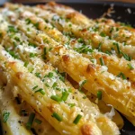 Primer plano del espárrago al horno con costra de parmesano y hierbas.