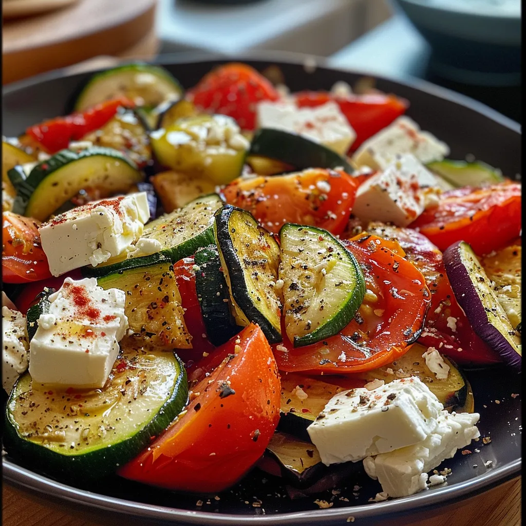 Primer plano del Ofengemüse con Feta, destacando los colores vibrantes de los vegetales y el aceite.