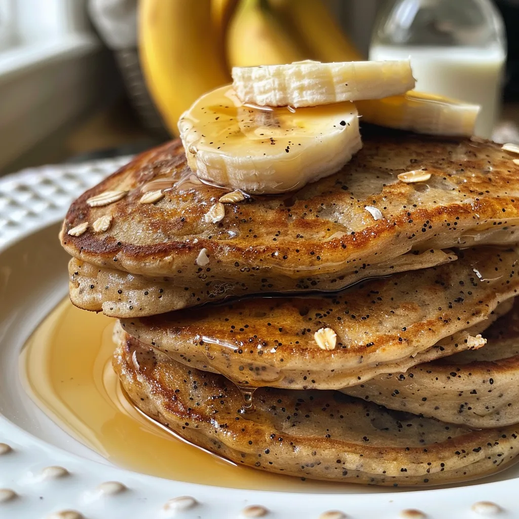 Primer plano de panqueques de avena con frutas frescas.