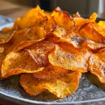 Primer plano de papas fritas caseras de color rojo, con textura crujiente y sabor a pimiento.