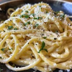 Nahaufnahme von cremiger Pasta mit Zitronen-Sahne-Soße.