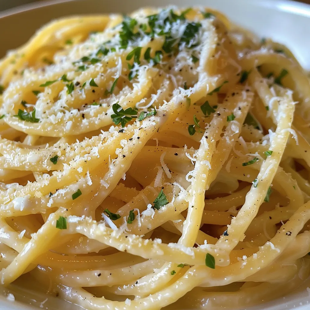 Seiteansicht einer großzügigen Portion Pasta in einer hellen, cremigen Soße.