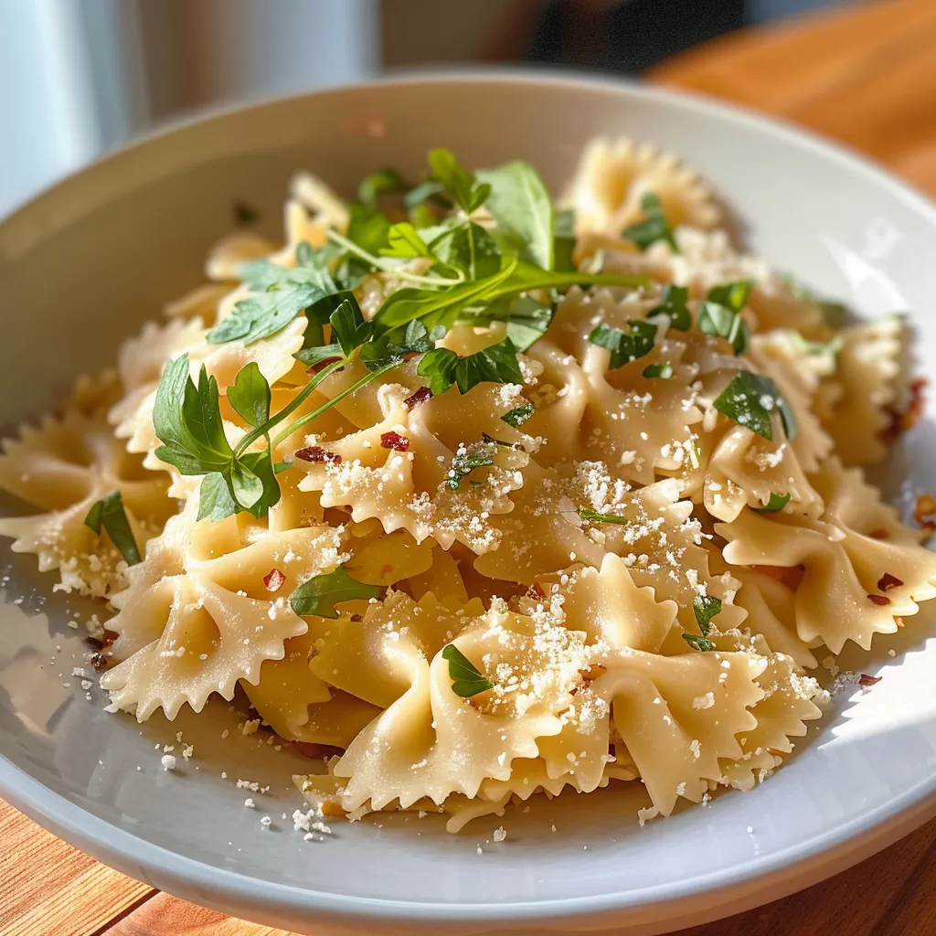 Close up de farfalle con trozos de espárragos, decorado con microgreens.