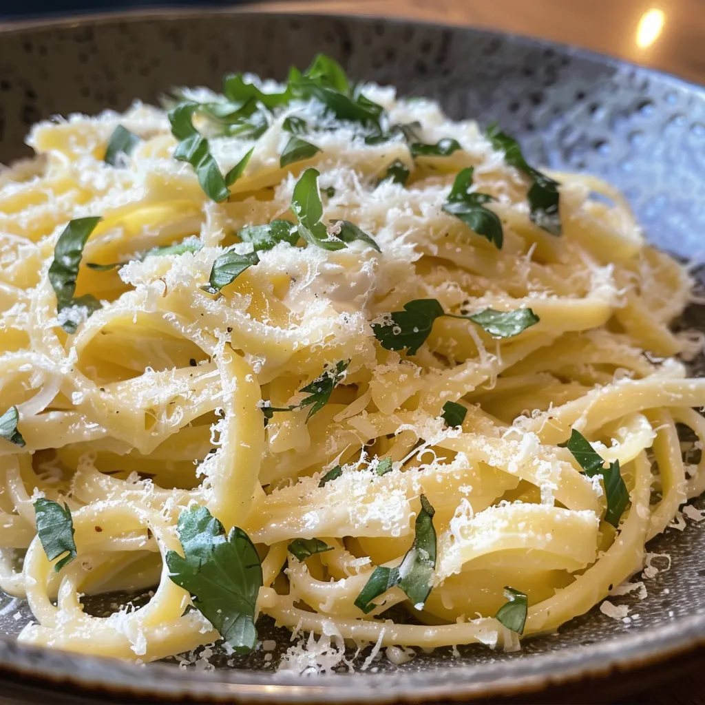 Primer plano de pasta con salsa de limón y ricotta, adornado con espinacas.