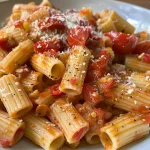Pasta con tomates y ajo en un plato, vista lateral.