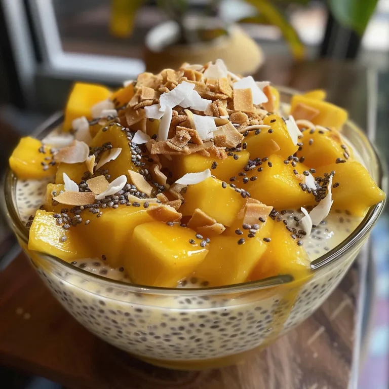 Nahaufnahme einer Schüssel mit Mango Kokos Chia Pudding.