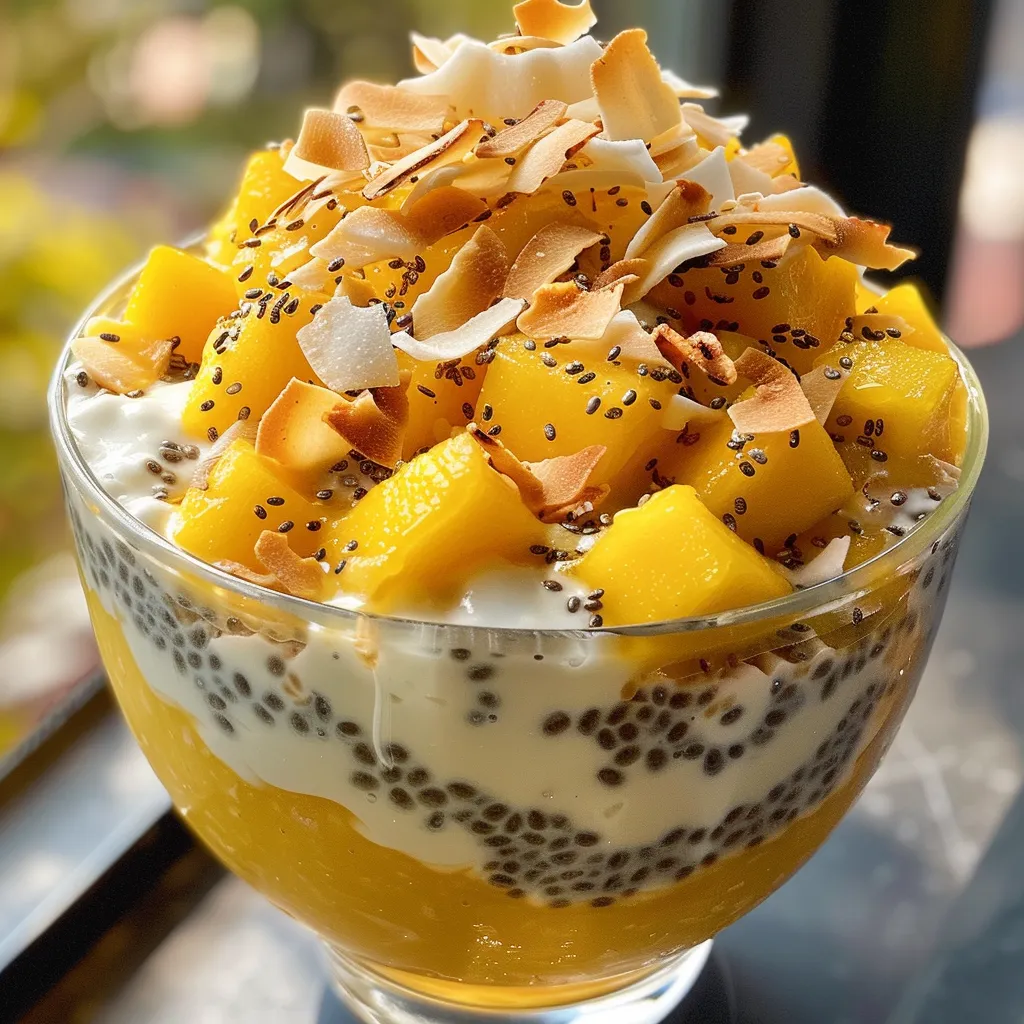 Seitenansicht eines bunten Chia Puddings mit Mango und Kokosnuss.