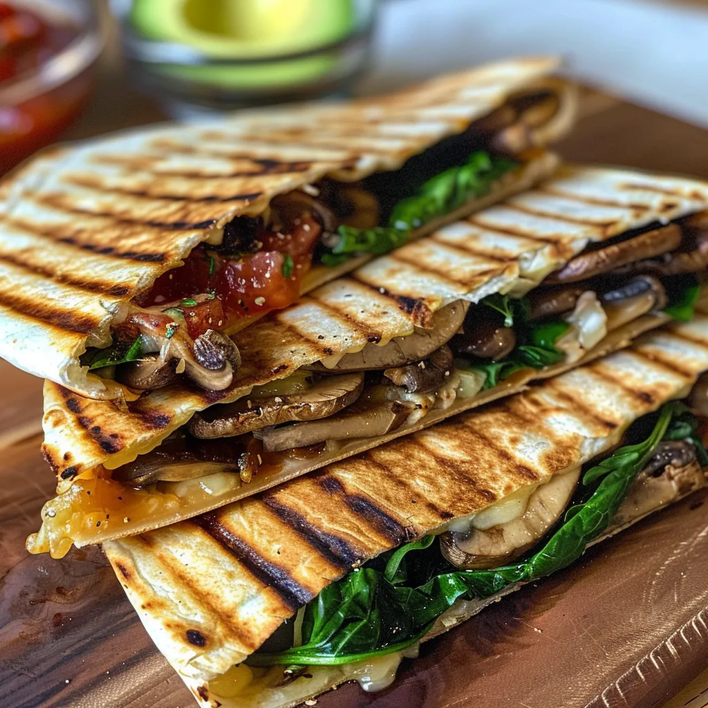 Seitenansicht von goldbraunen Quesadillas, gefüllt mit Spinat und Pilzen.