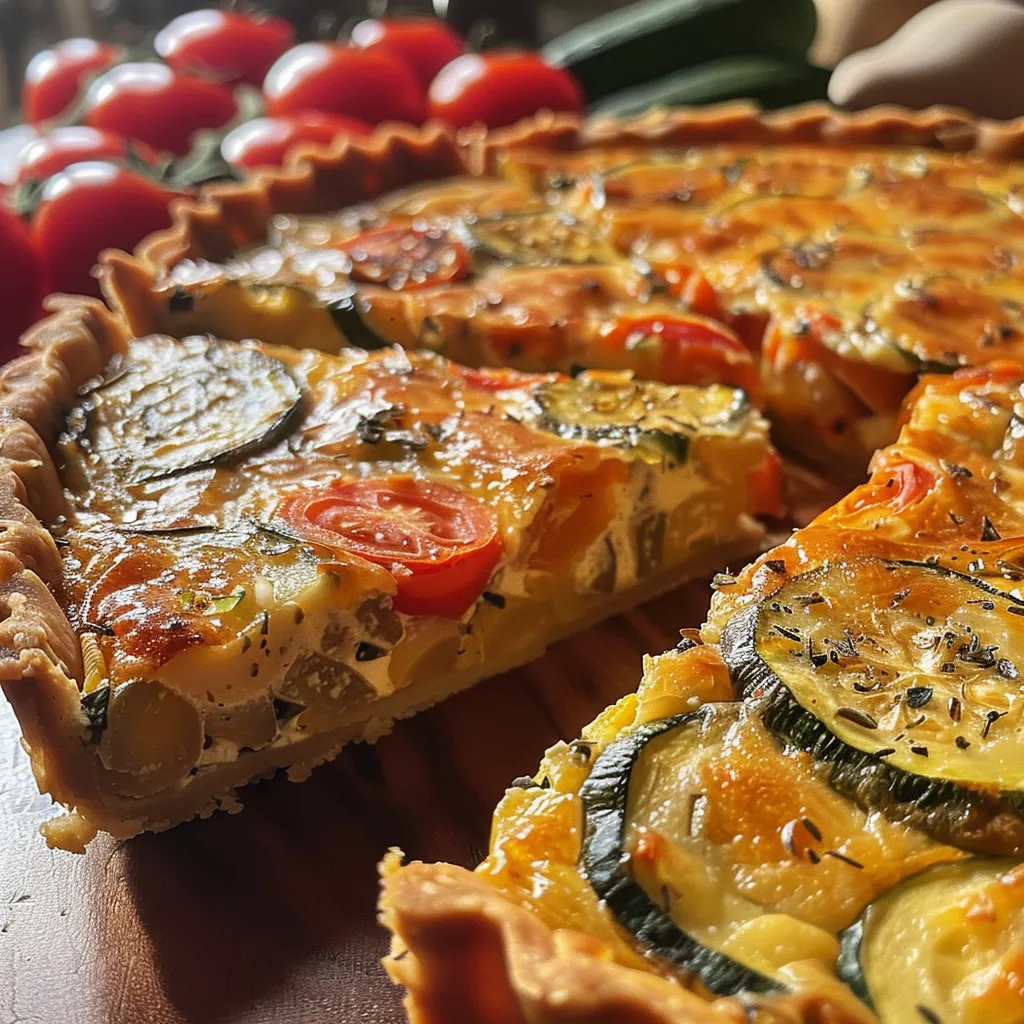 Saftige Quiche mit Zucchini und Tomaten, im Vordergrund sichtbar, mit einer goldbraunen Kruste.