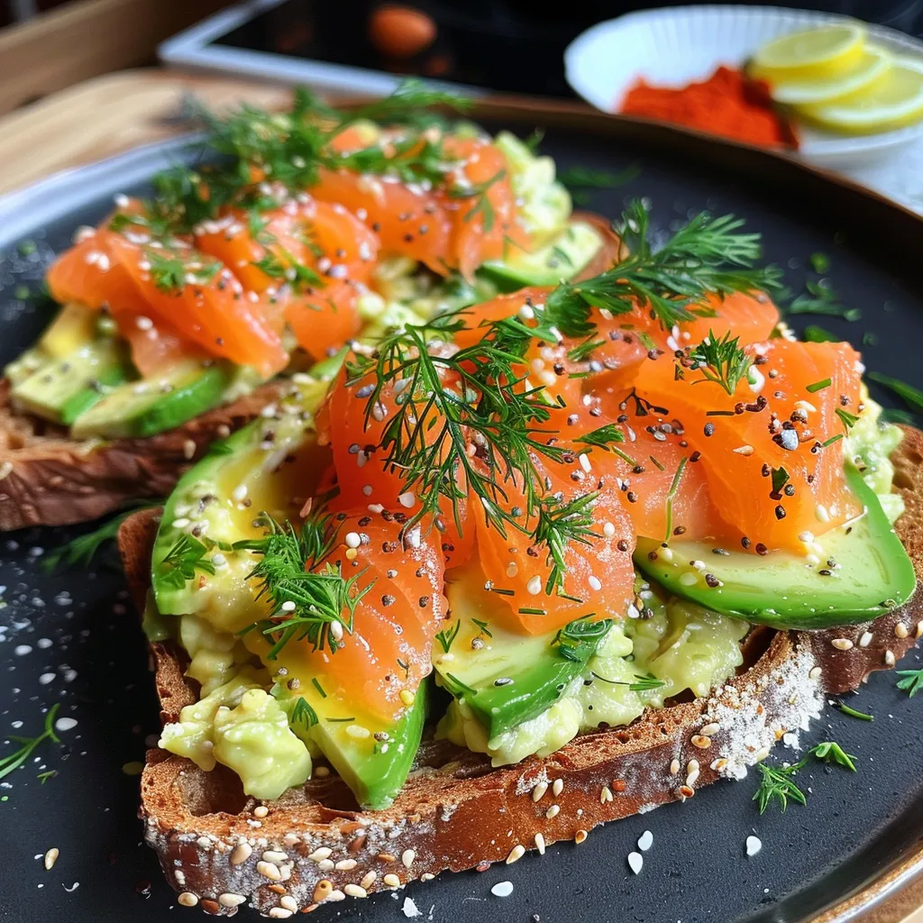 Seitenansicht eines saftigen Avocado Toasts mit Räucherlachs und frischen Kräutern.