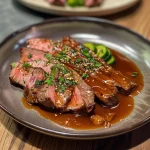 Primer plano de tiras de carne de res en salsa teriyaki, con verduras coloridas al lado.