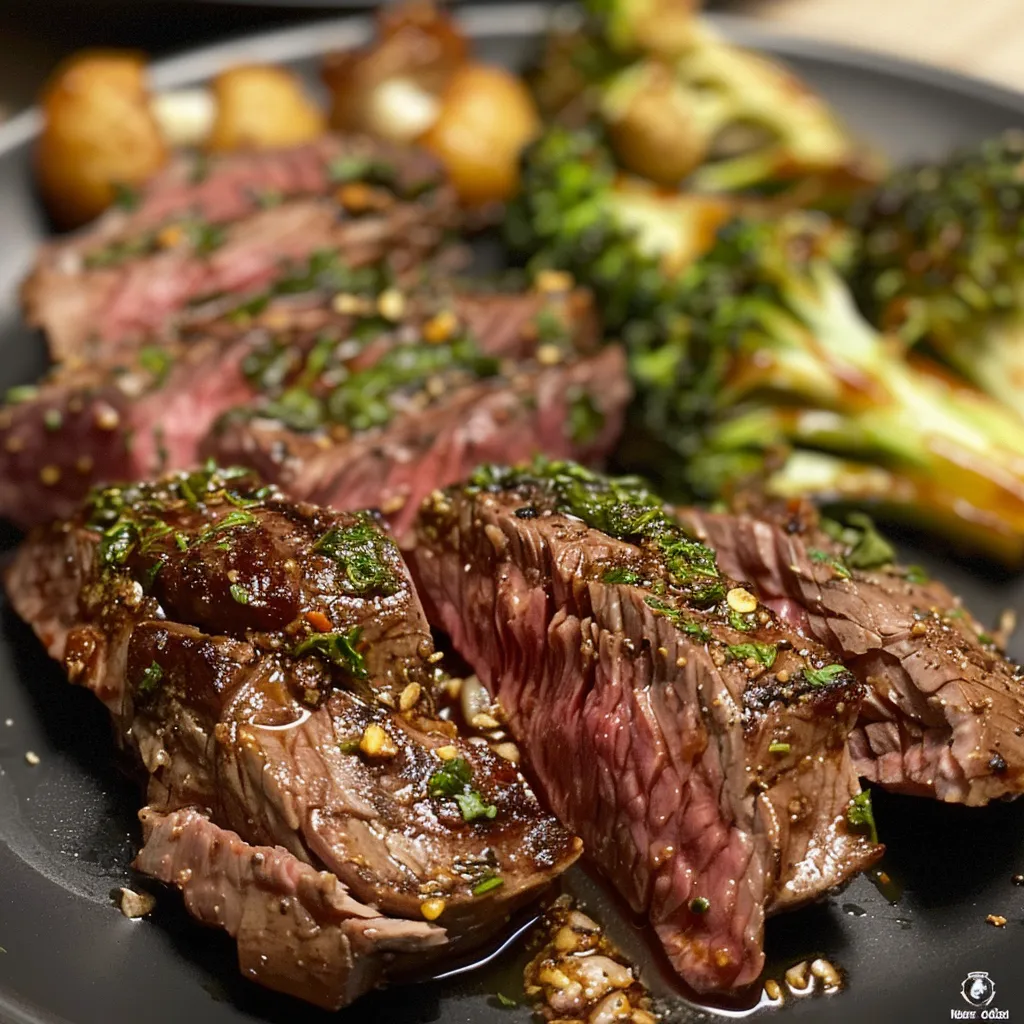 Porción de Rindfleisch con Brokkoli, mostrando la jugosidad de la carne y el brócoli verde.