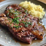 Primer plano de un plato de Rindfleisch con arroz, mostrando carne jugosa y colorida verdura.